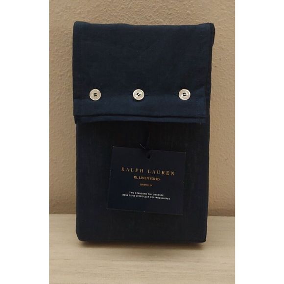 Ralph Lauren RL LINEN SOLID 100% Linen Two Standard Pillowcases POLO NAVY - Picture 1 of 8